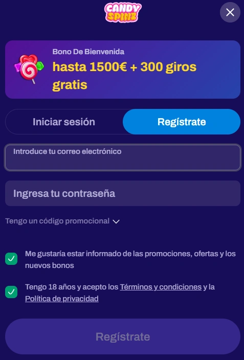 Candy Spinz Casino Proceso de registro